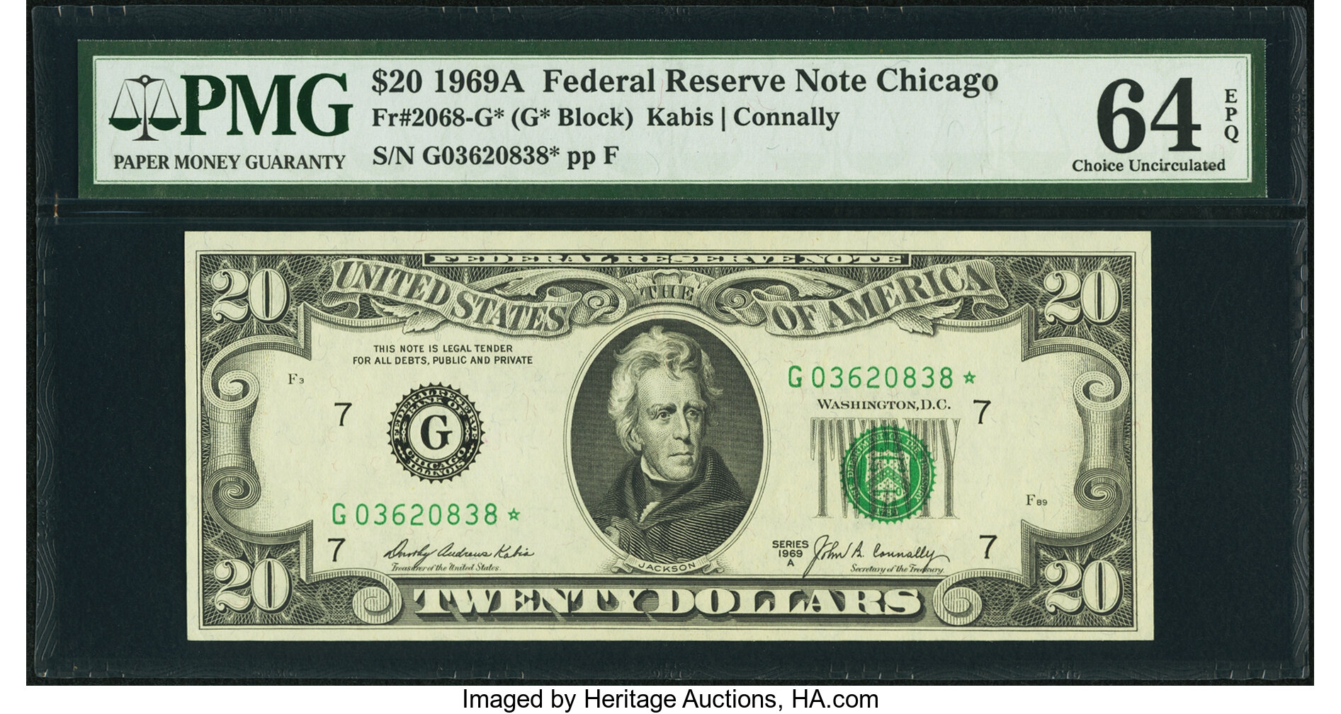 image for: Fr. 2068-G* $20 1969A Federal Reserve Star Note. PMG Choice Uncirculated 64 EPQ....