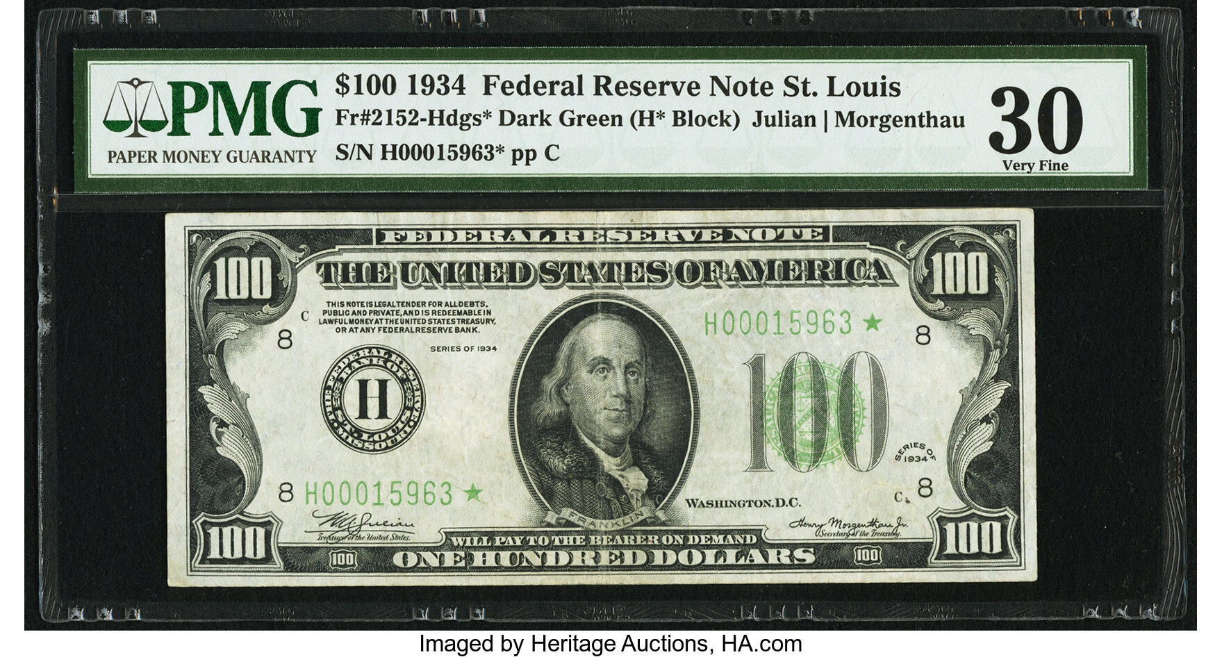 image for: Fr. 2152-H* $100 1934 Dark Green Seal Federal Reserve Note. PMG Very Fine 30....