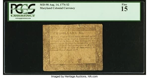 image for: Maryland August 14, 1776 $2 PCGS Fine 15....