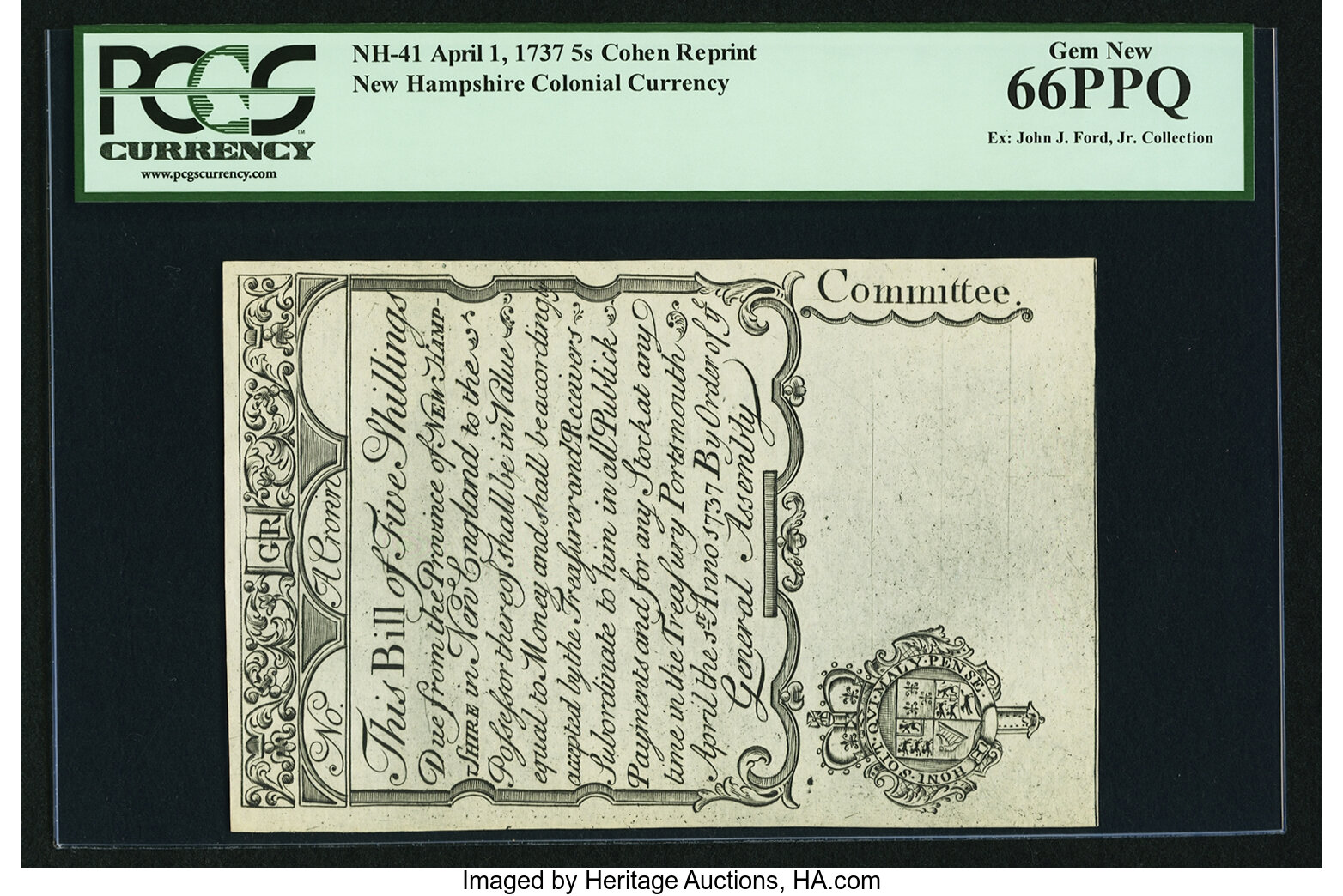 image for: New Hampshire April 1, 1737 5s Cohen Reprint PCGS Gem New 66PPQ....