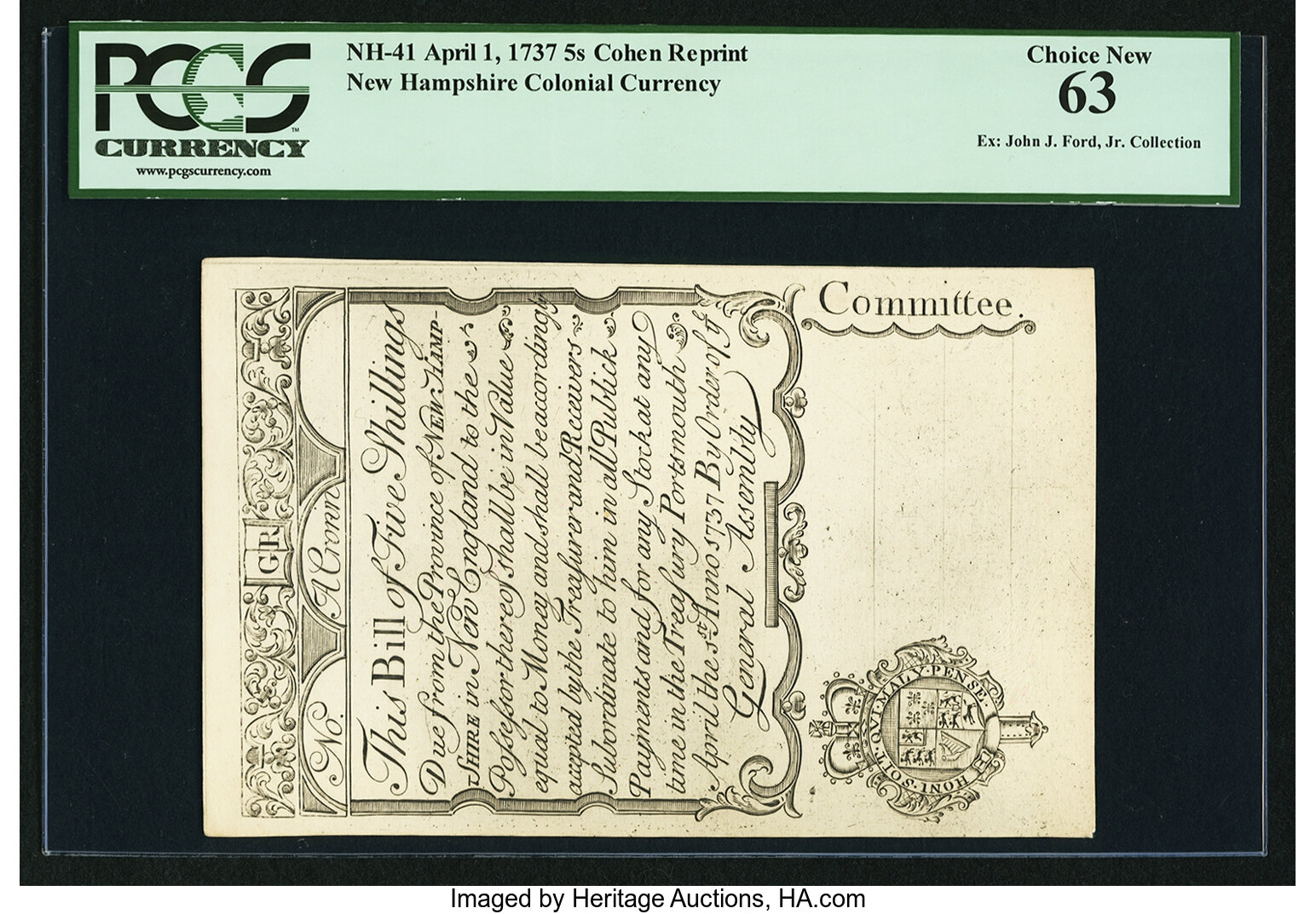 image for: New Hampshire April 1, 1737 5s Cohen Reprint PCGS Choice New 63....