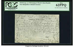 image for: New Hampshire April 3, 1755 Redated June 1, 1756 £3 Cohen Reprint PCGS New 62PPQ....