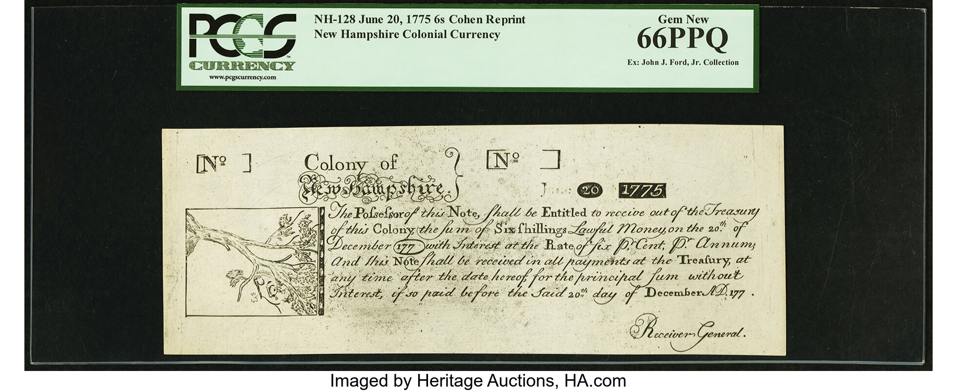 image for: New Hampshire June 20, 1775 6s Cohen Reprint PCGS Gem New 66PPQ....