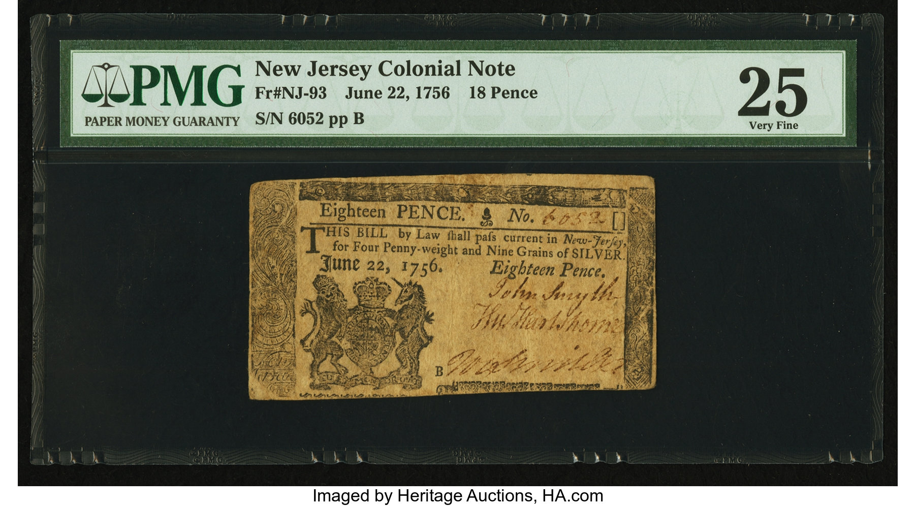 image for: New Jersey June 22, 1756 18d PMG Very Fine 25....