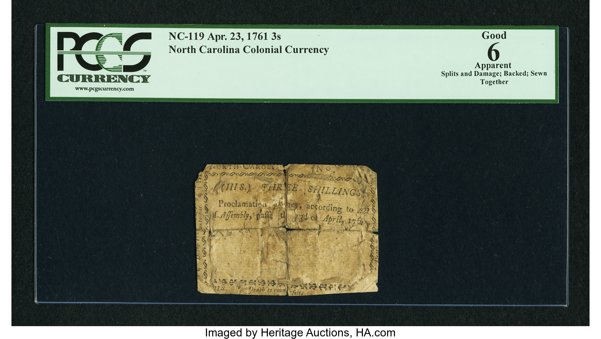 image for: North Carolina April 23, 1761 3s PCGS Apparent Good 06....