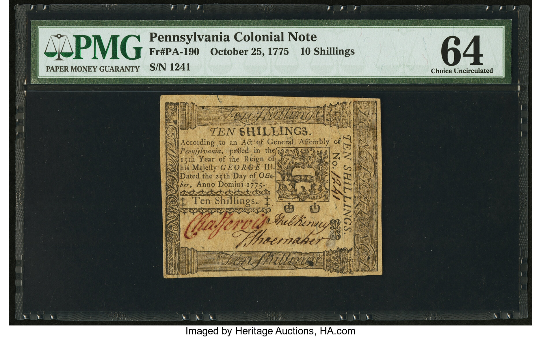 image for: Pennsylvania October 25, 1775 10s PMG Choice Uncirculated 64....