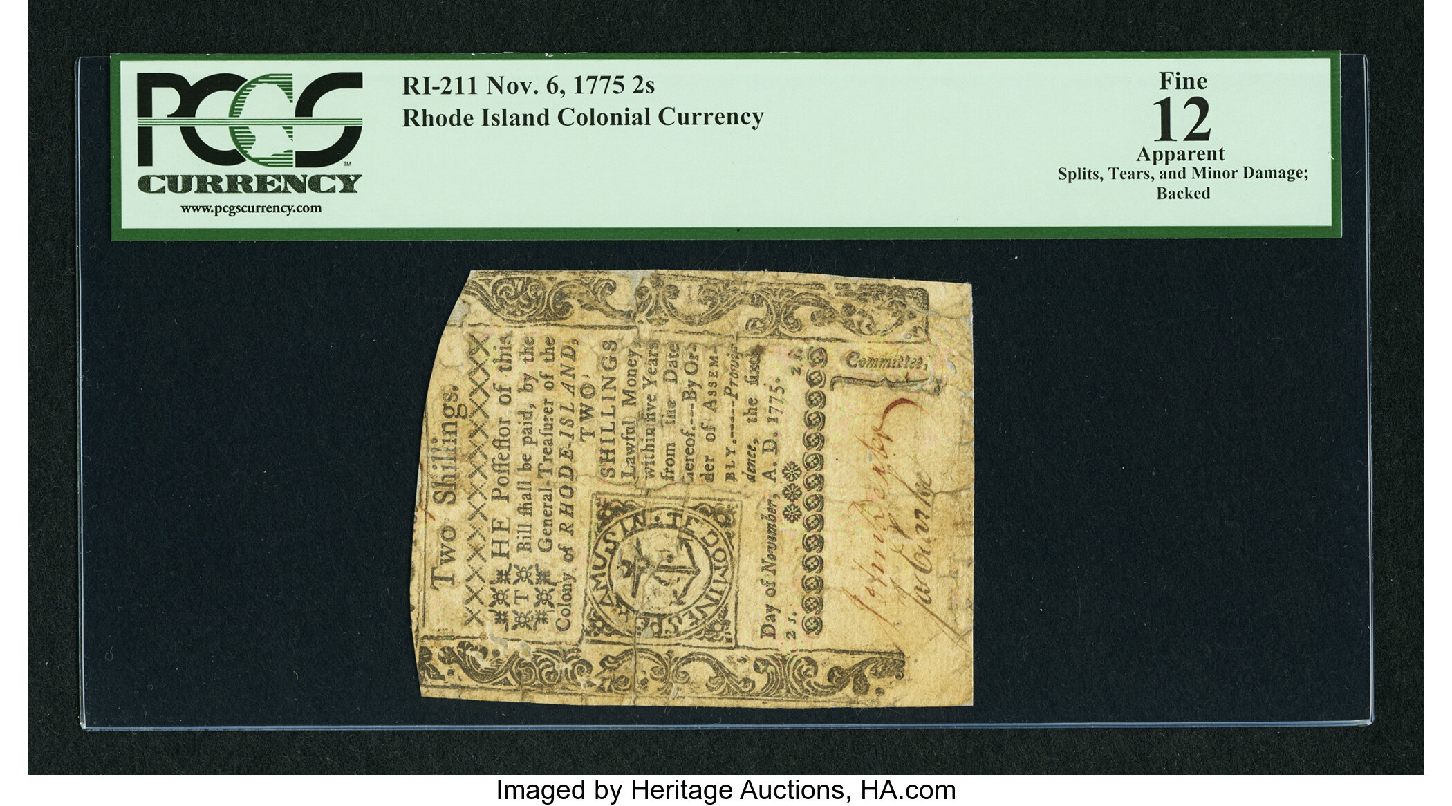 image for: Rhode Island November 6, 1775 2s PCGS Apparent Fine 12....