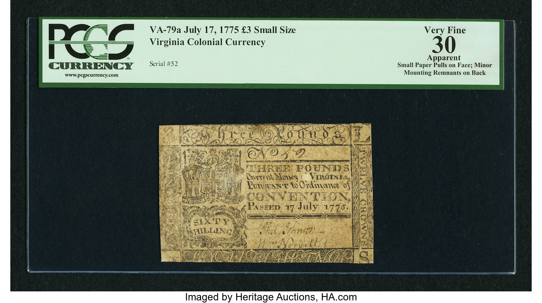 image for: Virginia July 17, 1775 £3 PCGS Apparent Very Fine 30....
