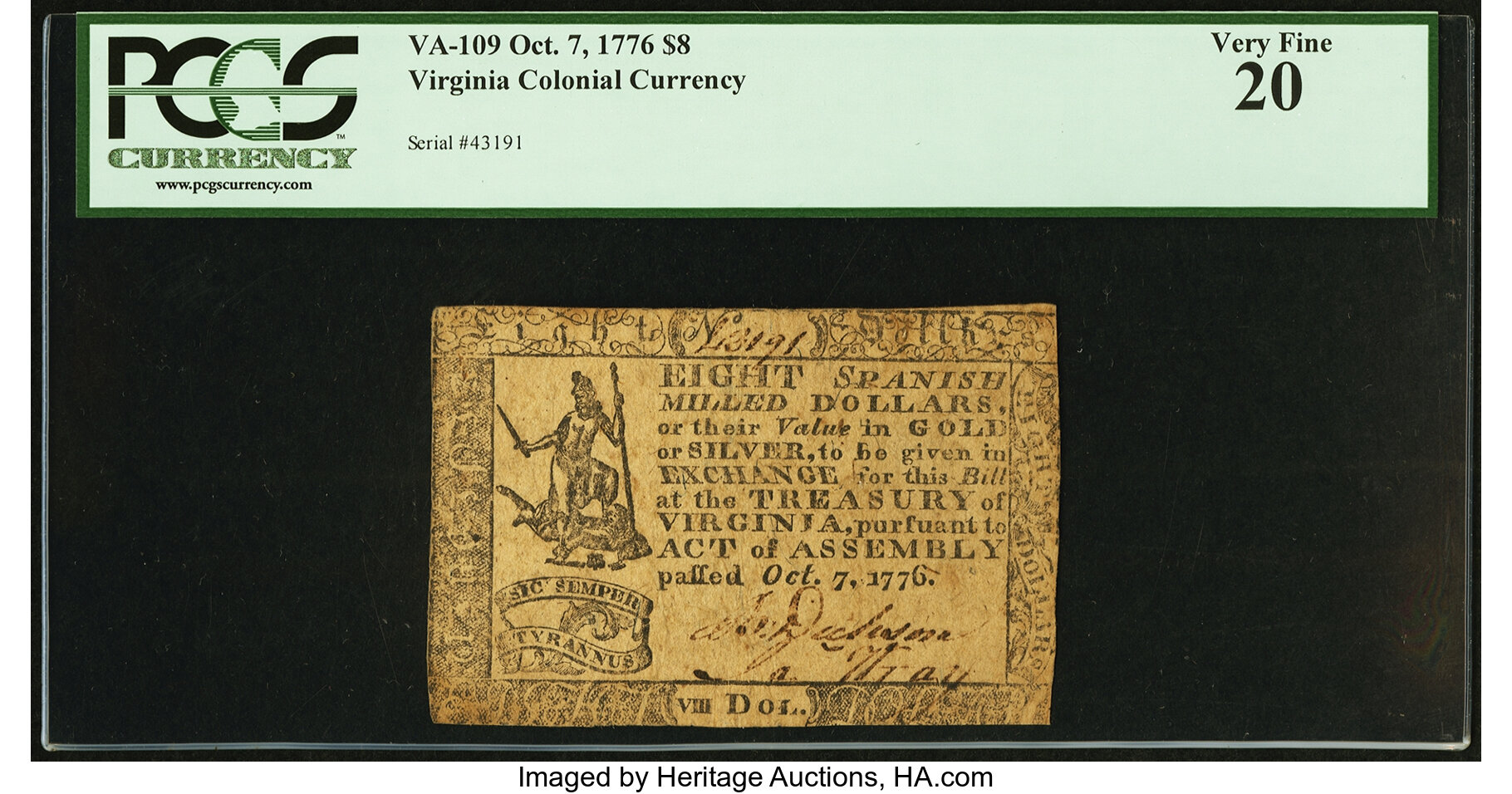 image for: Virginia October 7, 1776 $8 PCGS Very Fine 20....