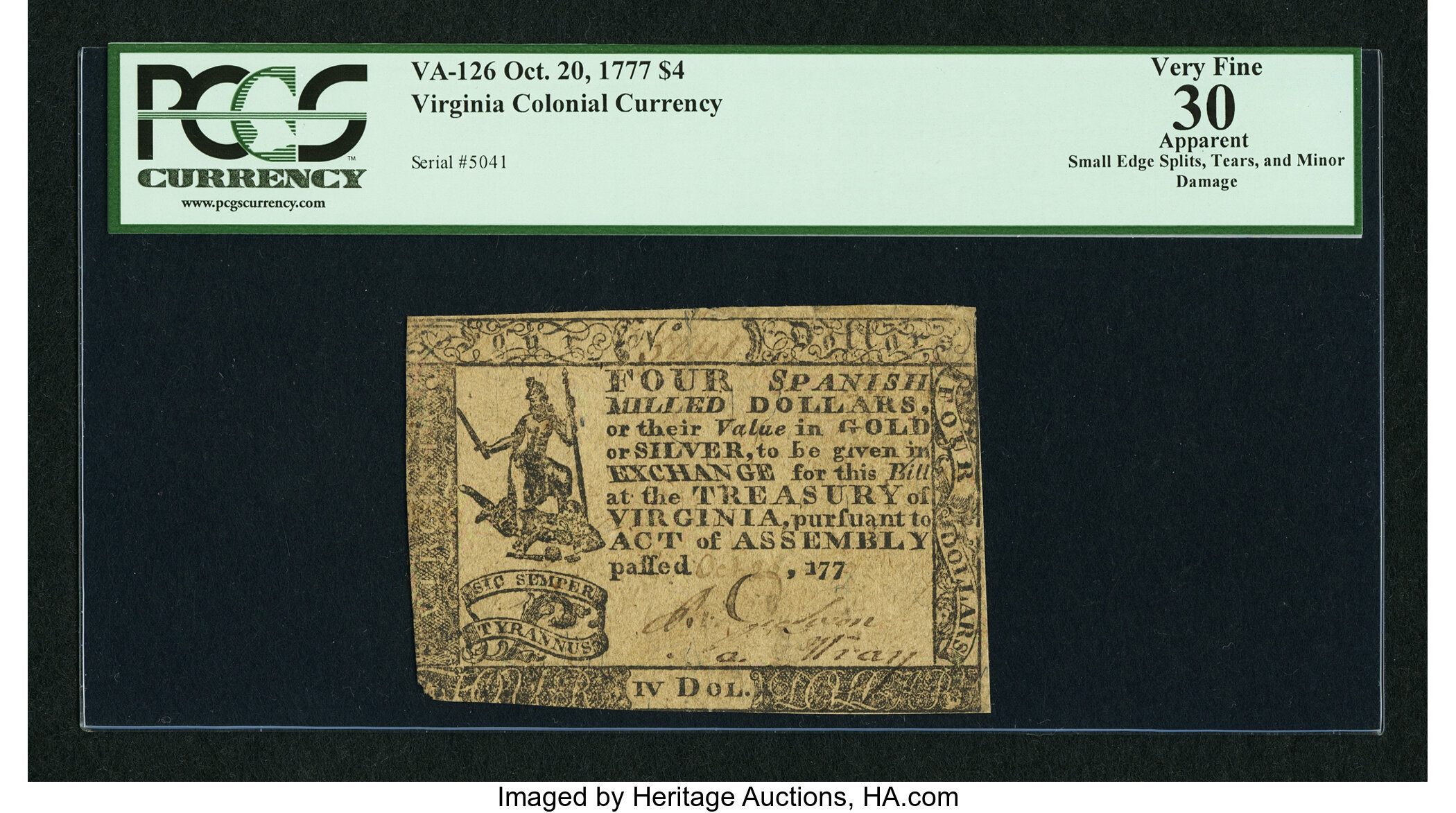 image for: Virginia October 20, 1777 $4 PCGS Apparent Very Fine 30....