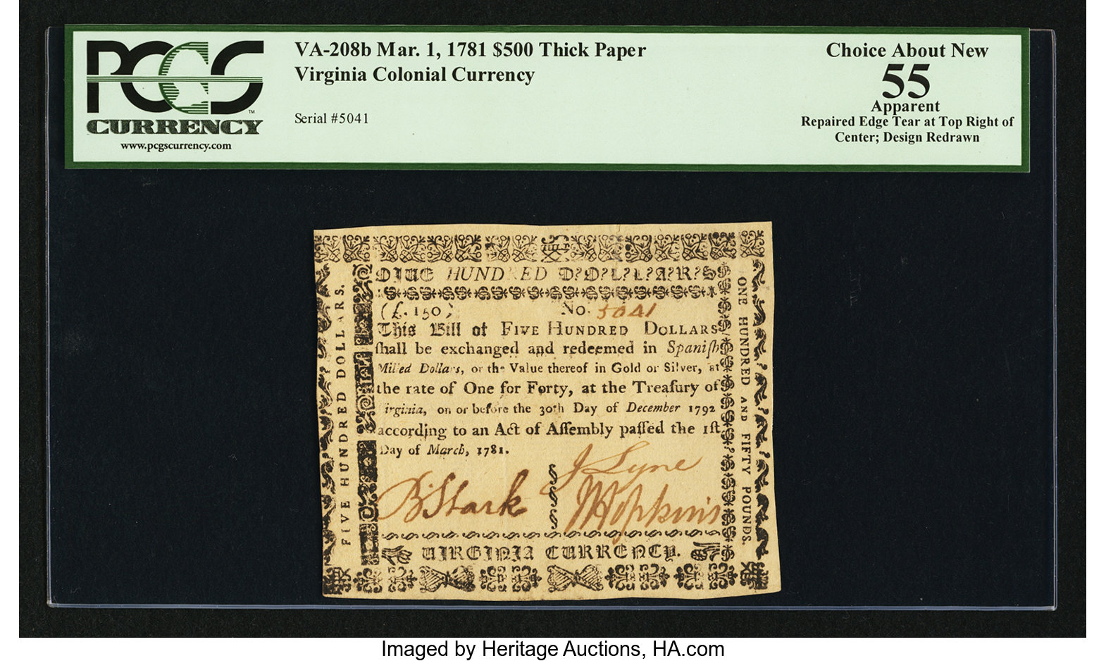 image for: Virginia March 1, 1781 $500 PCGS Apparent Choice About New 55....