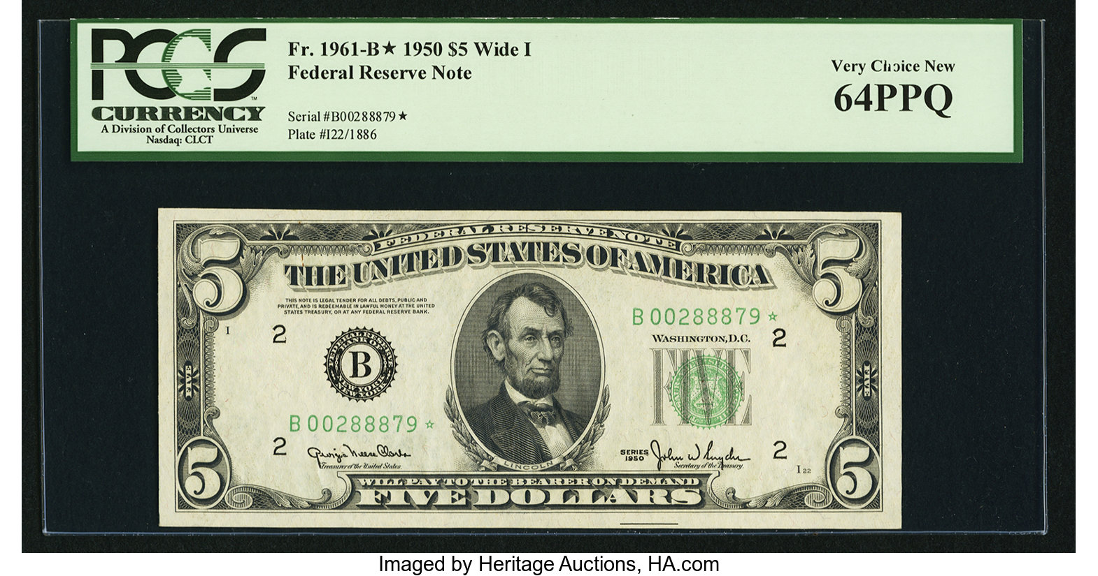 image for: Fr. 1961-B* $5 1950 Wide I Federal Reserve Note. PCGS Very Choice New 64PPQ....