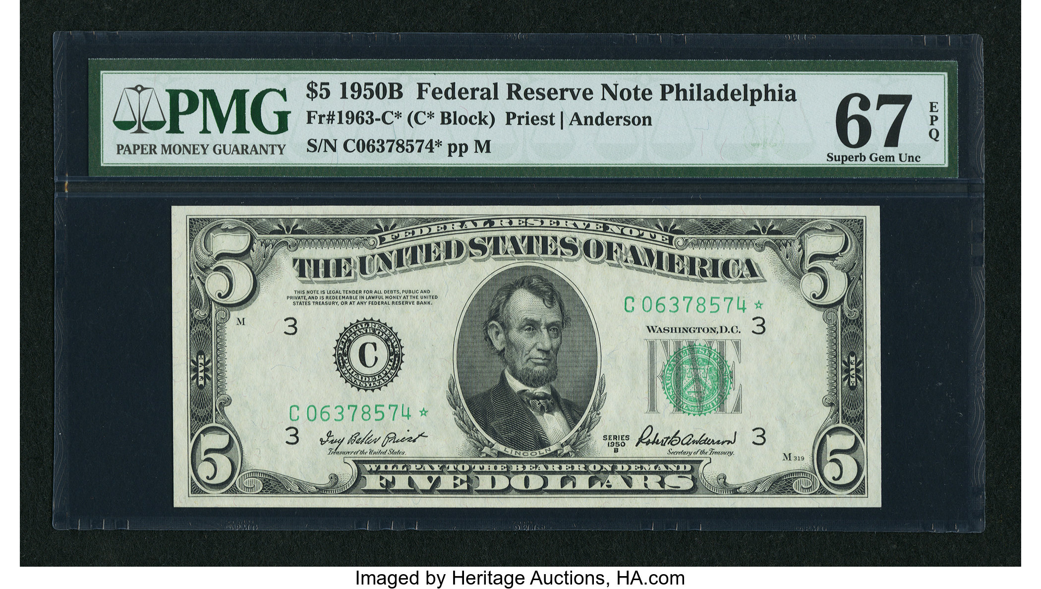image for: Fr. 1963-C* $5 1950B Federal Reserve Note. PMG Superb Gem Unc 67 EPQ....