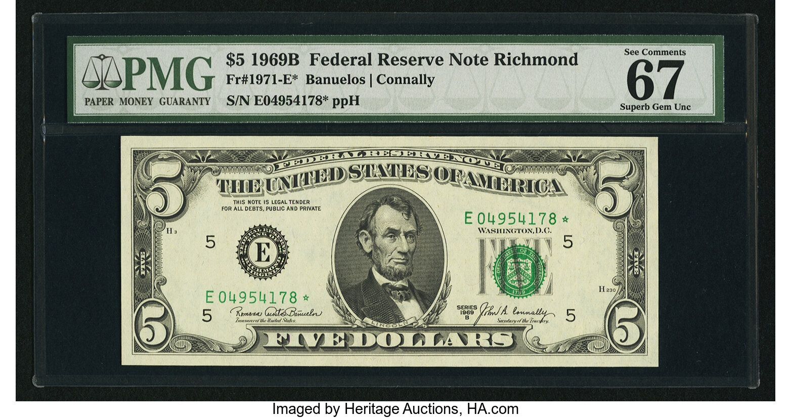 image for: Fr. 1971-E* $5 1969B Federal Reserve Note. PMG Superb Gem Unc 67....
