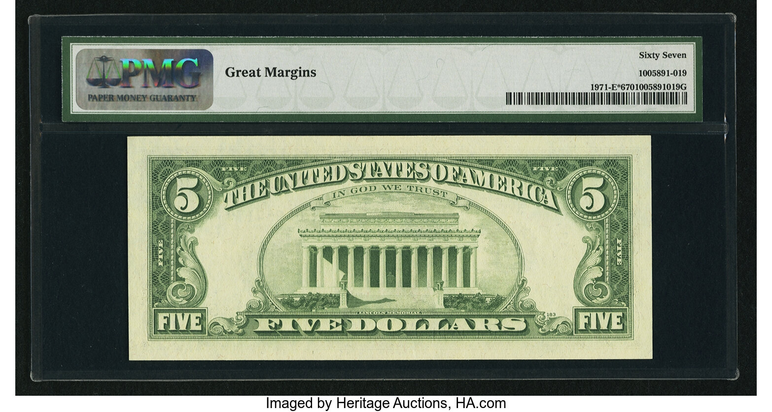 image for: Fr. 1971-E* $5 1969B Federal Reserve Note. PMG Superb Gem Unc 67....