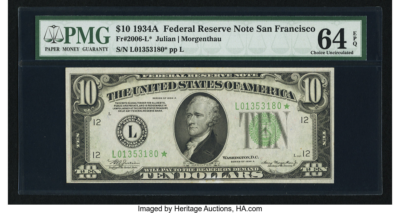 image for: Fr. 2006-L* $10 1934A Federal Reserve Note. PMG Choice Uncirculated 64 EPQ....
