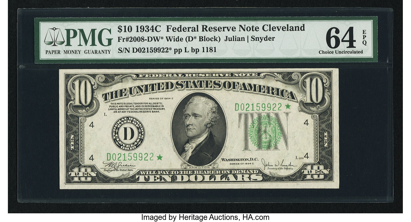 image for: Fr. 2008-D* $10 1934C Wide Federal Reserve Note. PMG Choice Uncirculated 64 EPQ....