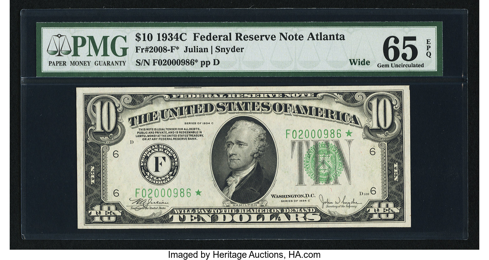 image for: Fr. 2008-F* $10 1934C Wide Federal Reserve Note. PMG Gem Uncirculated 65 EPQ....