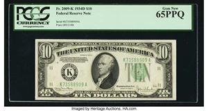 image for: Fr. 2009-K $10 1934D Federal Reserve Note. PCGS Gem New 65PPQ....