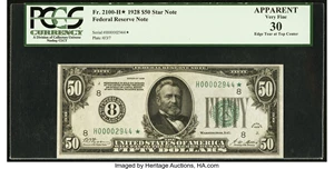 image for: Fr. 2100-H* $50 1928 Federal Reserve Note. PCGS Apparent Very Fine 30....