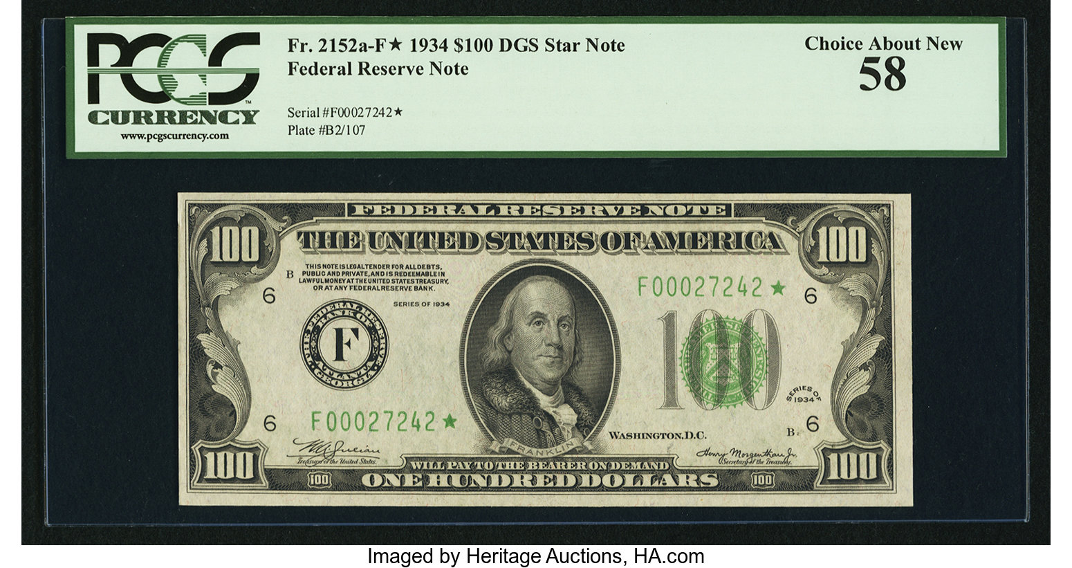 image for: Fr. 2152-F* $100 1934 Federal Reserve Note. PCGS Choice About New 58....