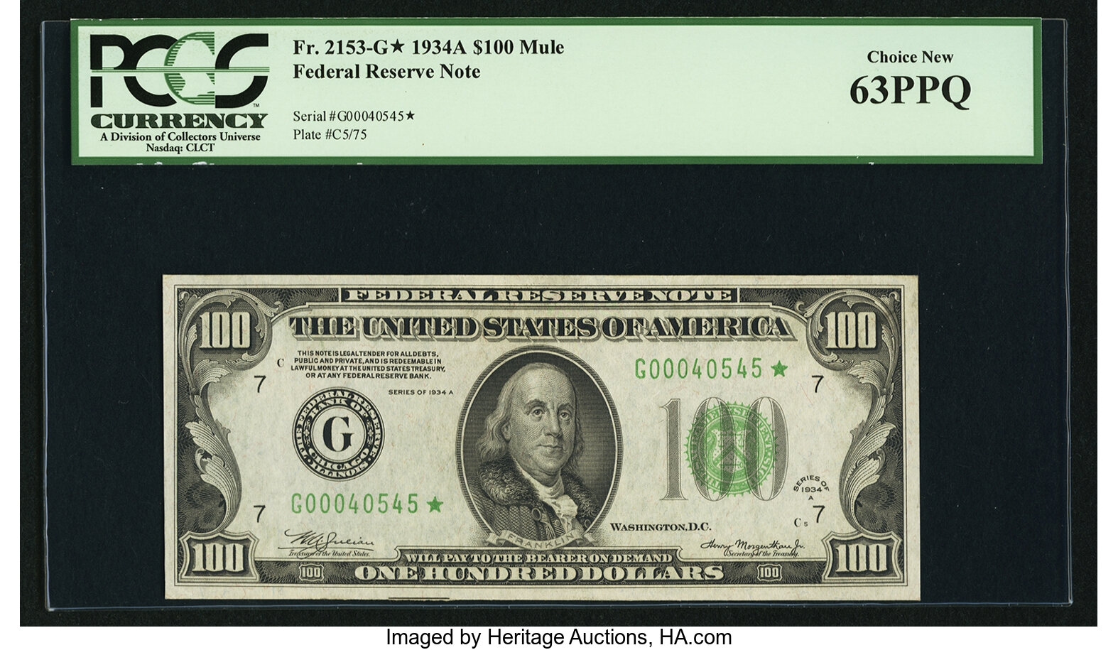 image for: Fr. 2153-G* $100 1934A Mule Federal Reserve Note. PCGS Choice New 63PPQ....
