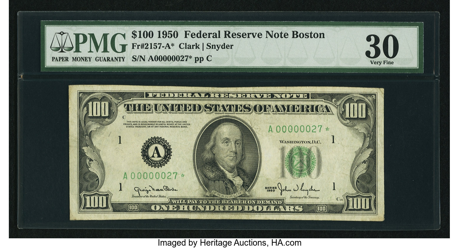 image for: Low Serial Number A00000027* Fr. 2157-A* $100 1950 Federal Reserve Note. PMG Very Fine 30....