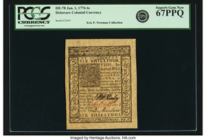 image for: Colony of Delaware January 1, 1776 6 Shillings Fr. DE-78. PCGS Superb Gem New 67PPQ....