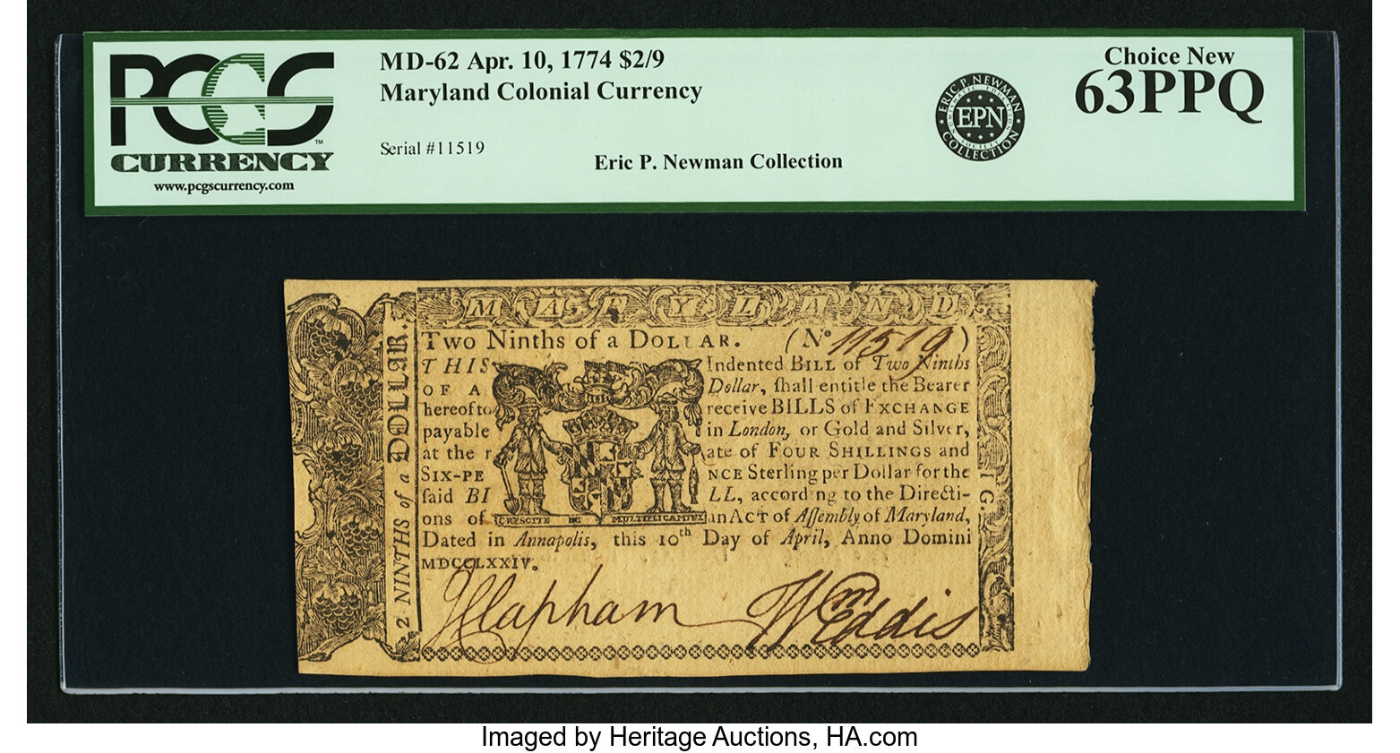 image for: Maryland April 10, 1774 $2/9 Fr. MD-62. PCGS Choice New 63PPQ....