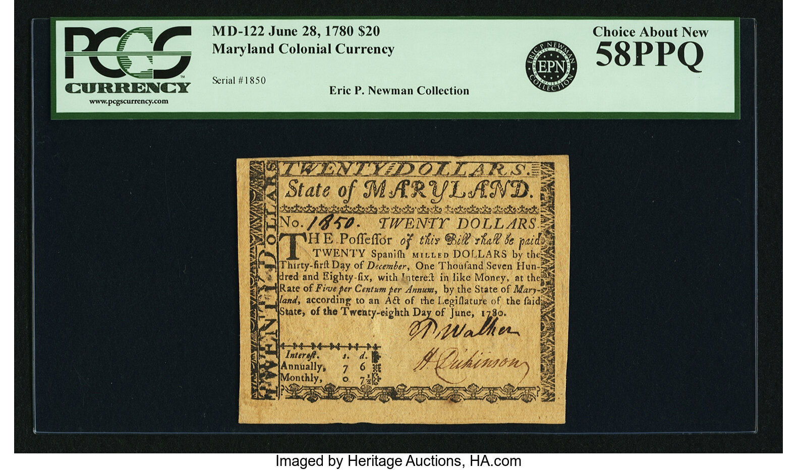 image for: State of Maryland June 28, 1780 $20 Fr. MD-122. PCGS Choice About New 58PPQ....