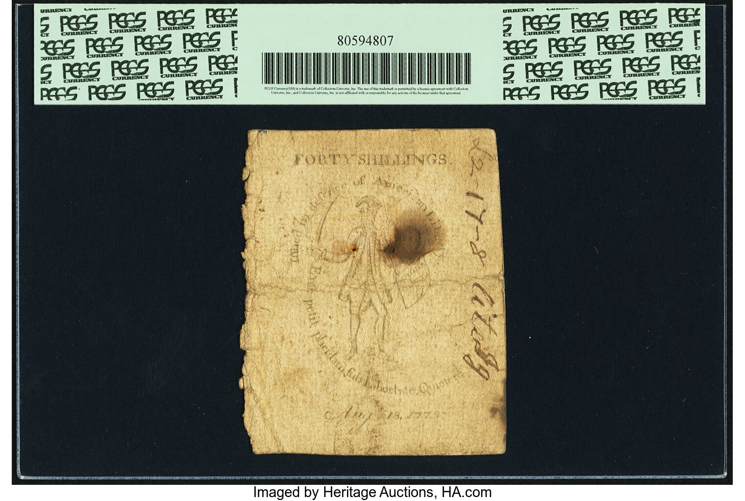 image for: Massachusetts Bay August 18, 1775 40 Shillings Fr. MA-173. PCGS Very Fine 20 Apparent....