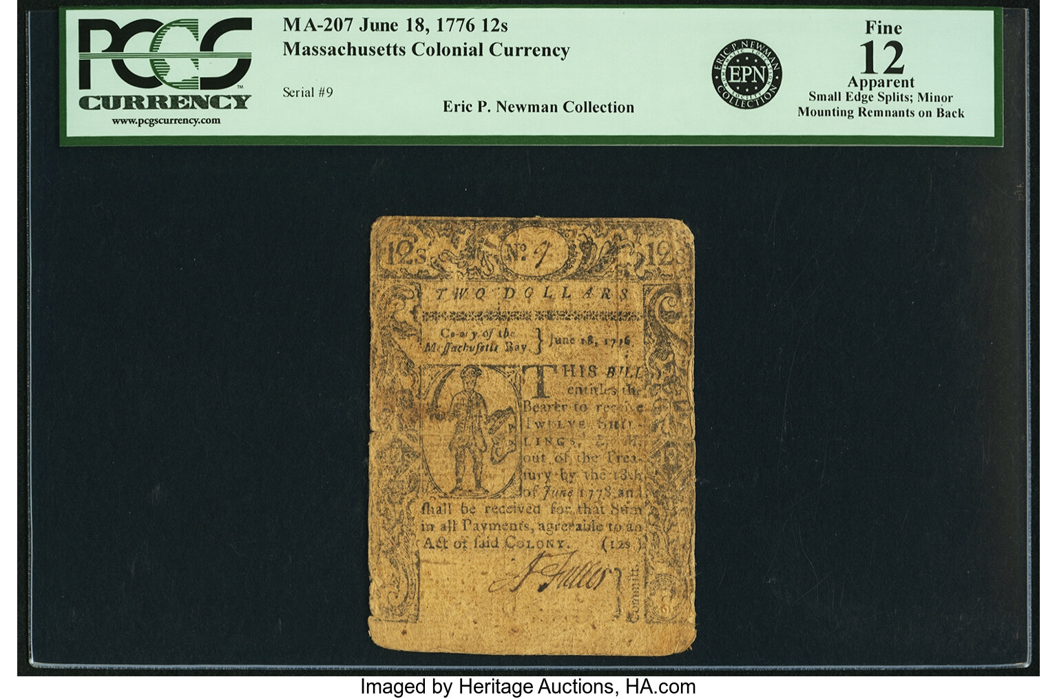 image for: Massachusetts June 18, 1776 12 Shillings Fr. MA-207. PCGS Fine 12 Apparent....