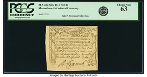 image for: Massachusetts October 16, 1778 2 Shillings Fr. MA-262. PCGS Choice New 63....