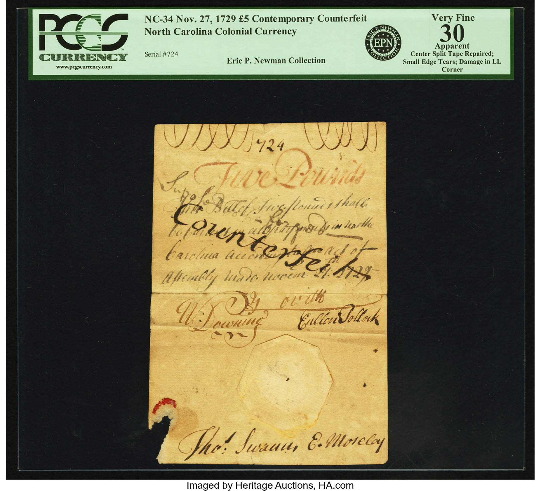 image for: North Carolina November 27, 1729 5 Pounds Handwritten Contemporary Counterfeit Fr. NC-34. PCGS Very Fine 30 Apparent....