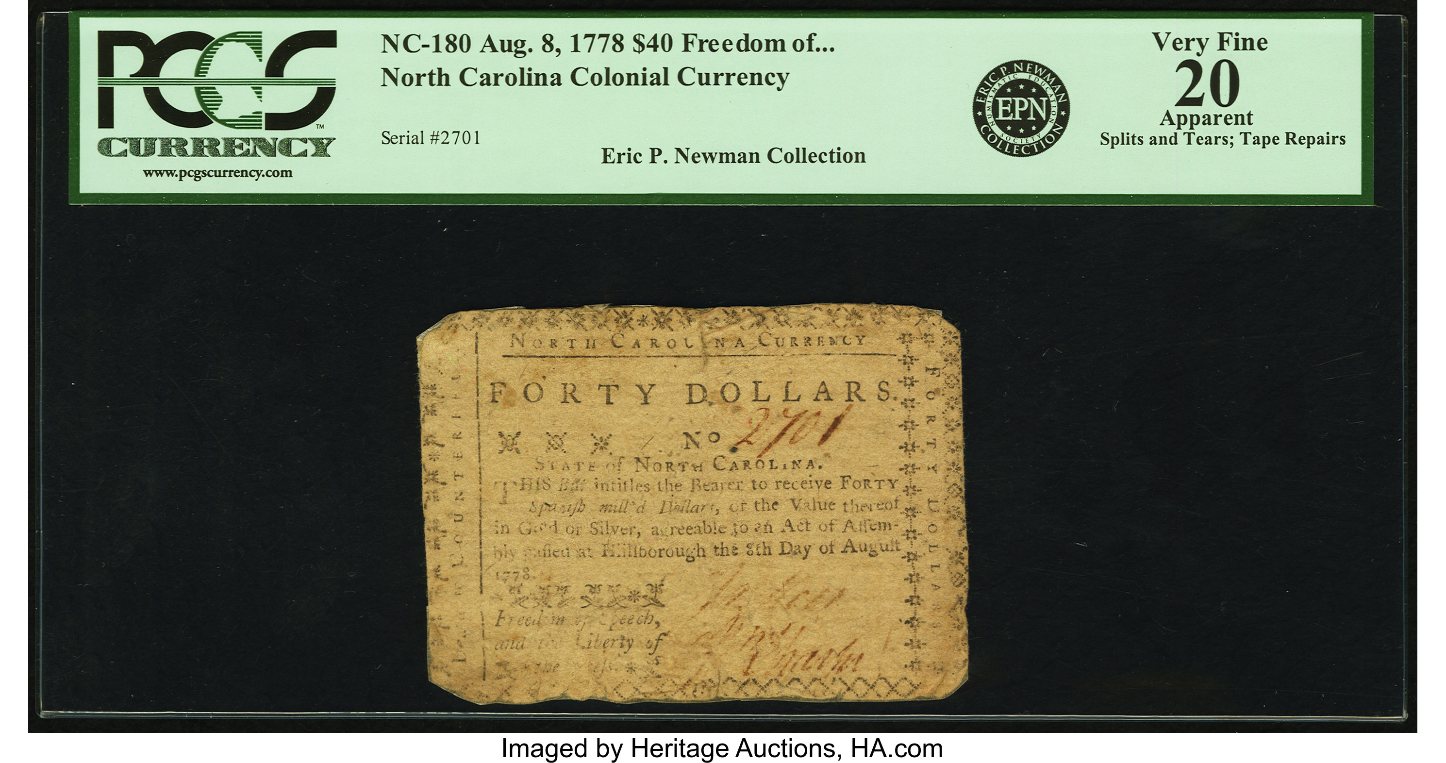 image for: North Carolina August 8, 1778 $40 Freedom of Speech... Fr. NC-180. PCGS Very Fine 20 Apparent....