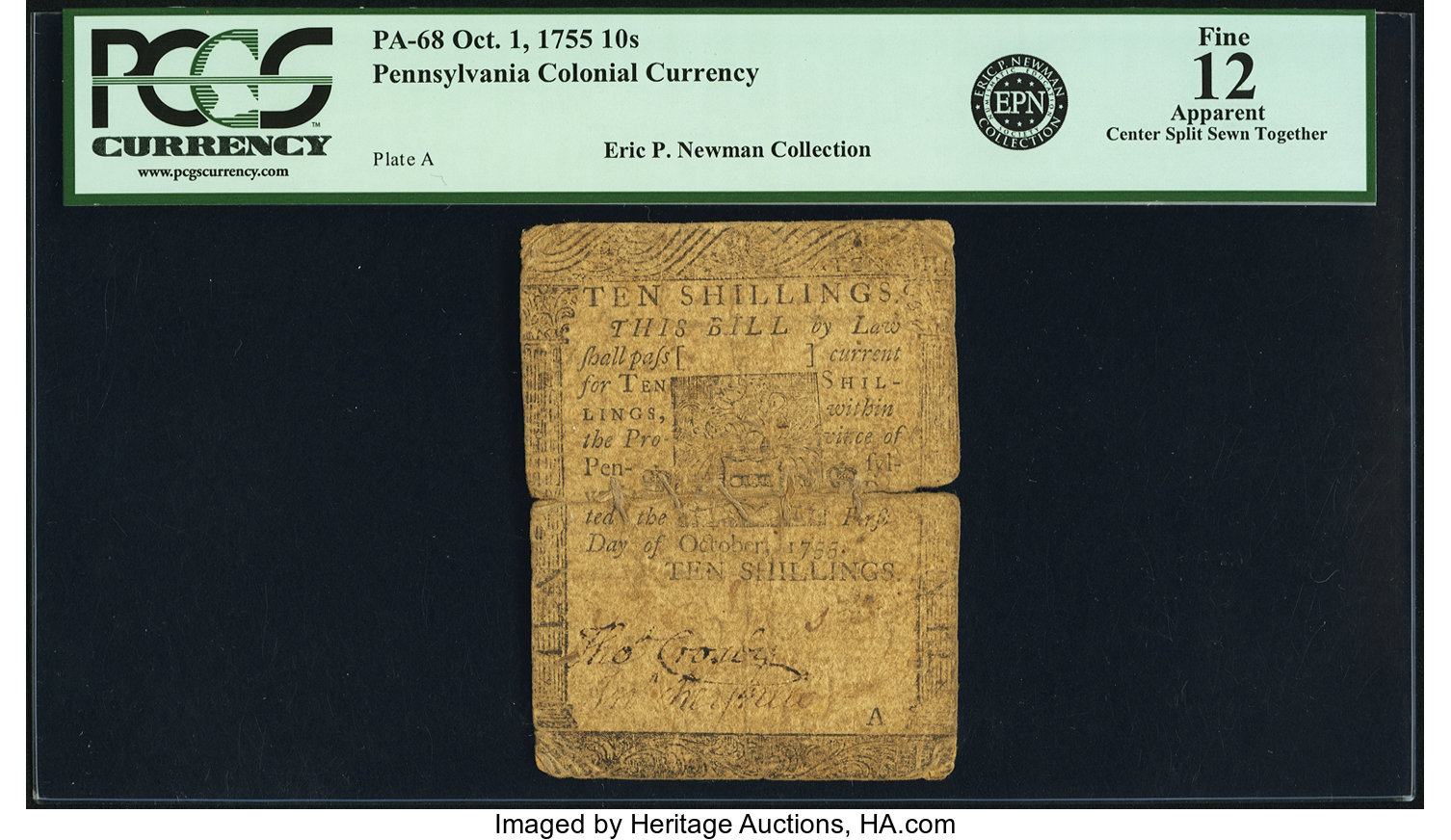 image for: Pennsylvania October 1, 1755 10 Shillings Fr. PA-68. PCGS Fine 12 Apparent....