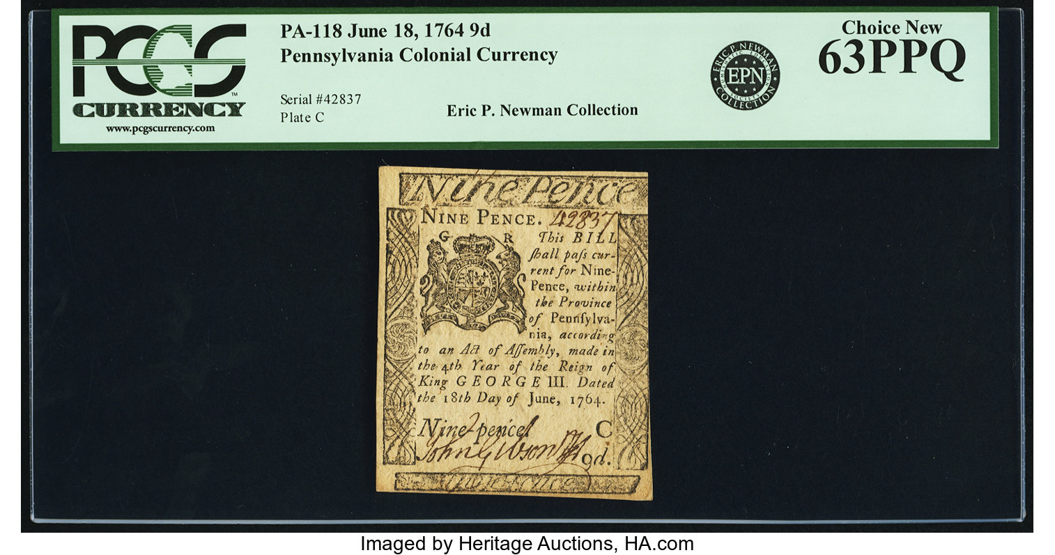 image for: Pennsylvania June 18, 1764 9 Pence Fr. PA-118. PCGS Choice New 63PPQ....