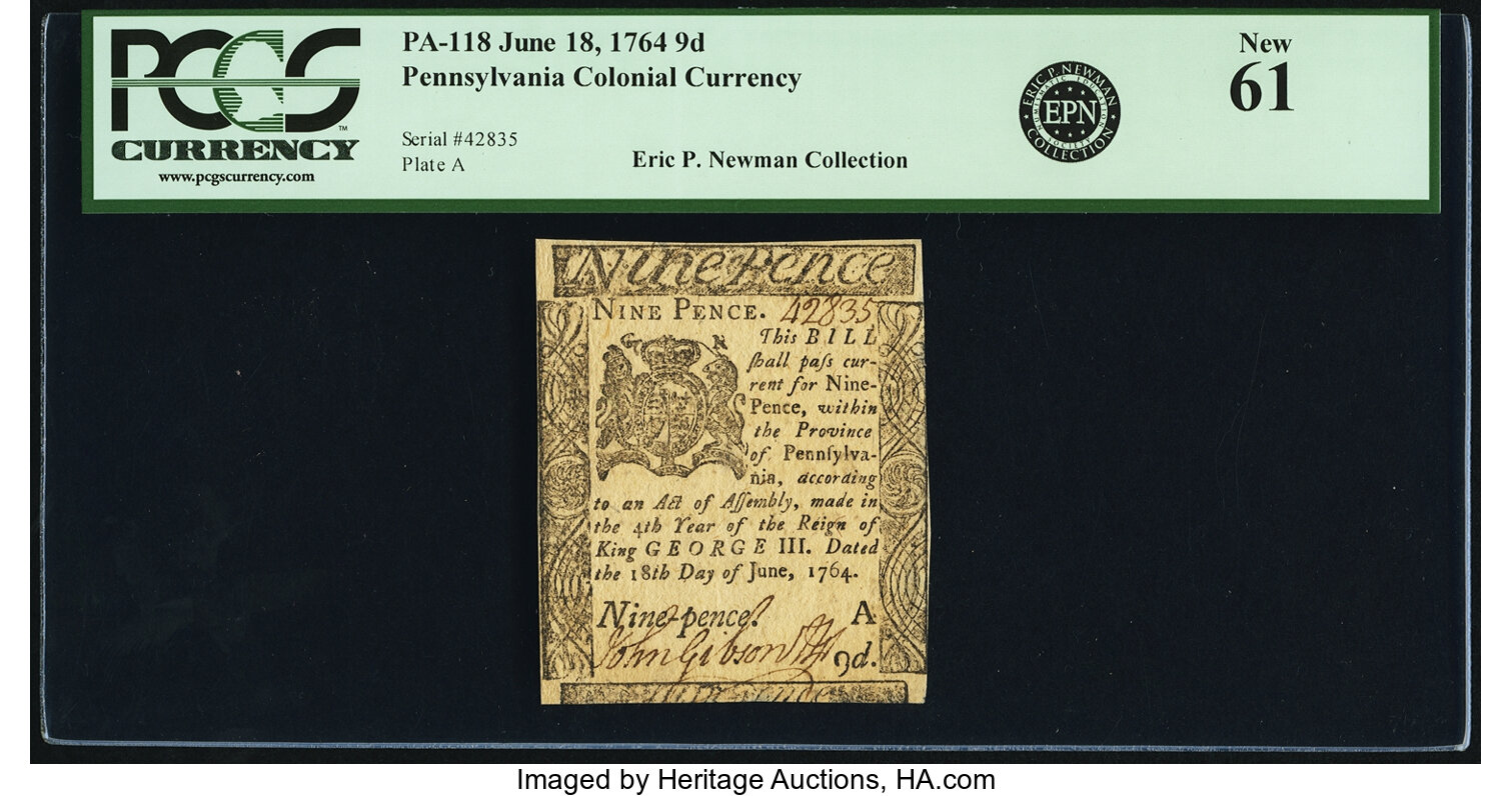 image for: Pennsylvania June 18, 1764 9 Pence Fr. PA-118. PCGS New 61....