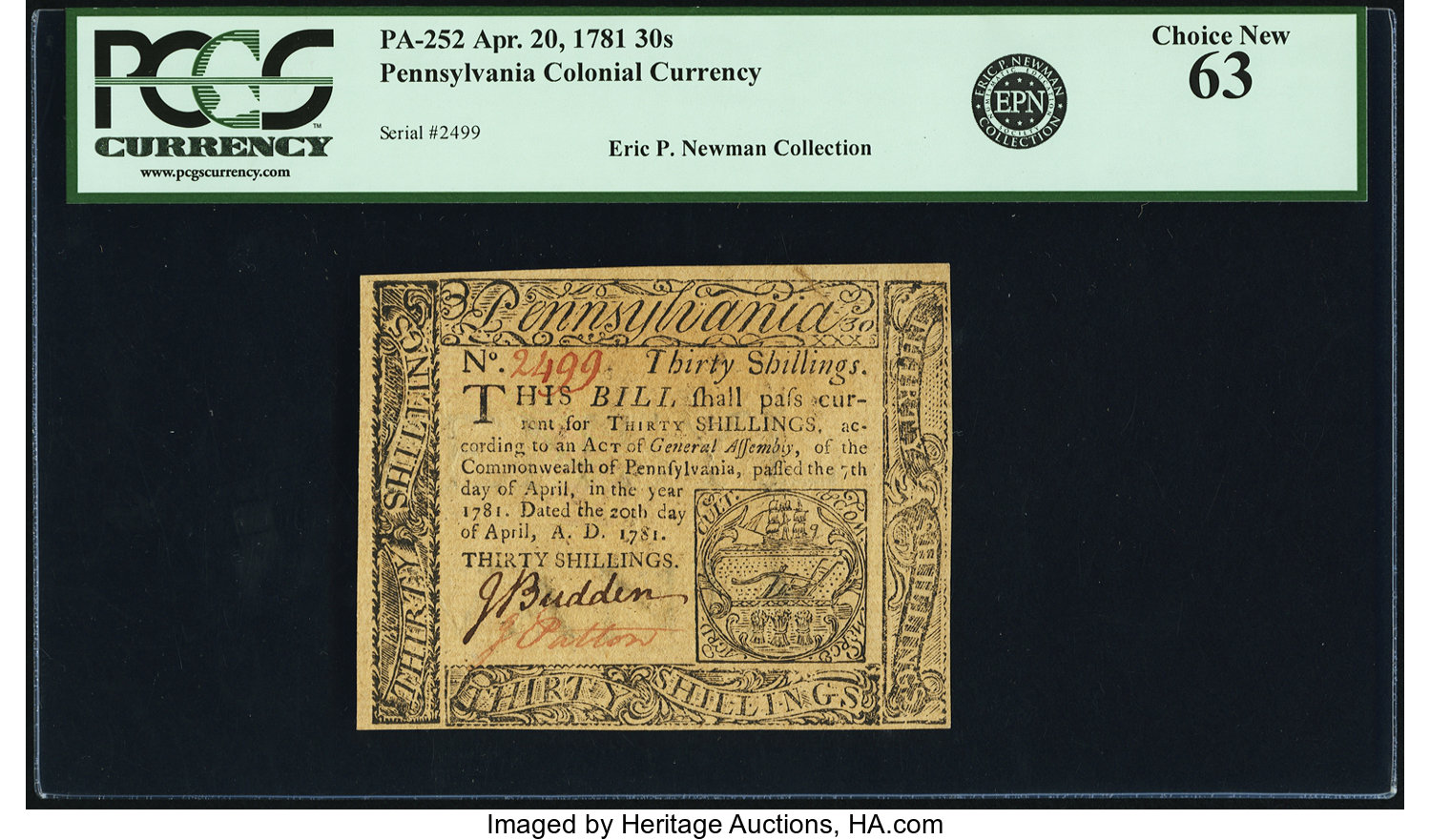 image for: Pennsylvania April 20, 1781 30 Shillings Fr. PA-252. PCGS Choice New 63....