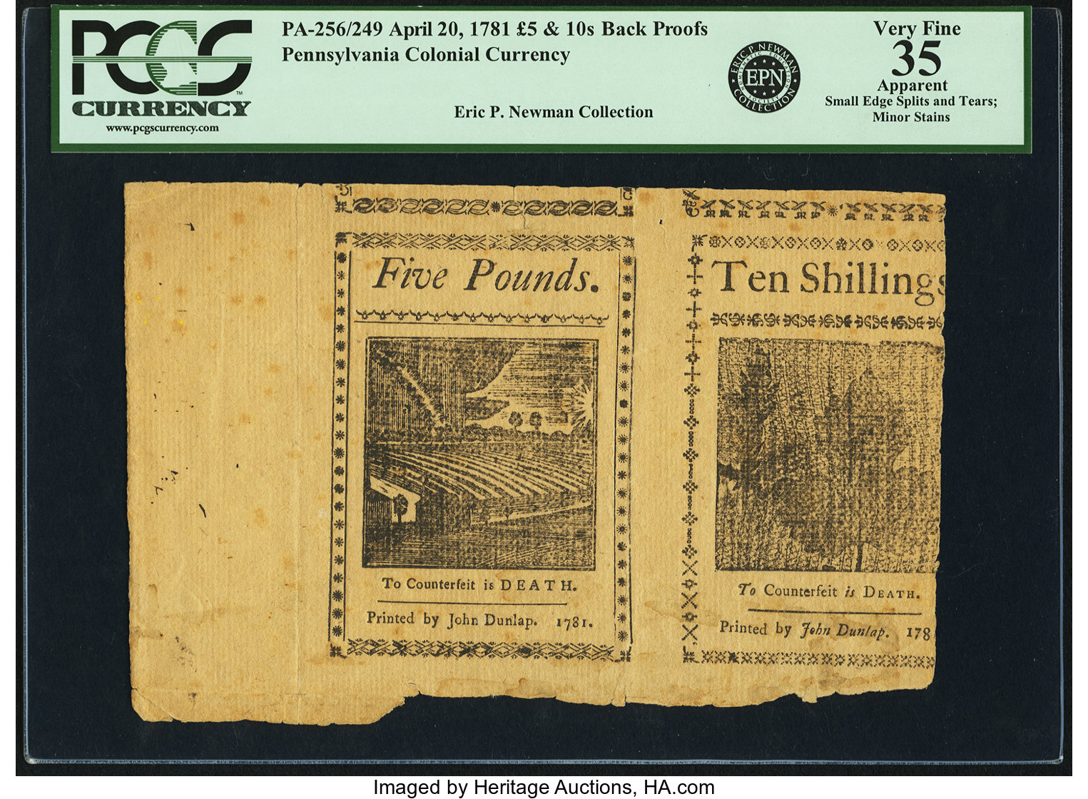 image for: Pennsylvania April 20, 1781 5 Pounds & 10 Shillings Back Proofs Pair Fr. PA-256/249. PCGS Very Fine 35 Apparent....