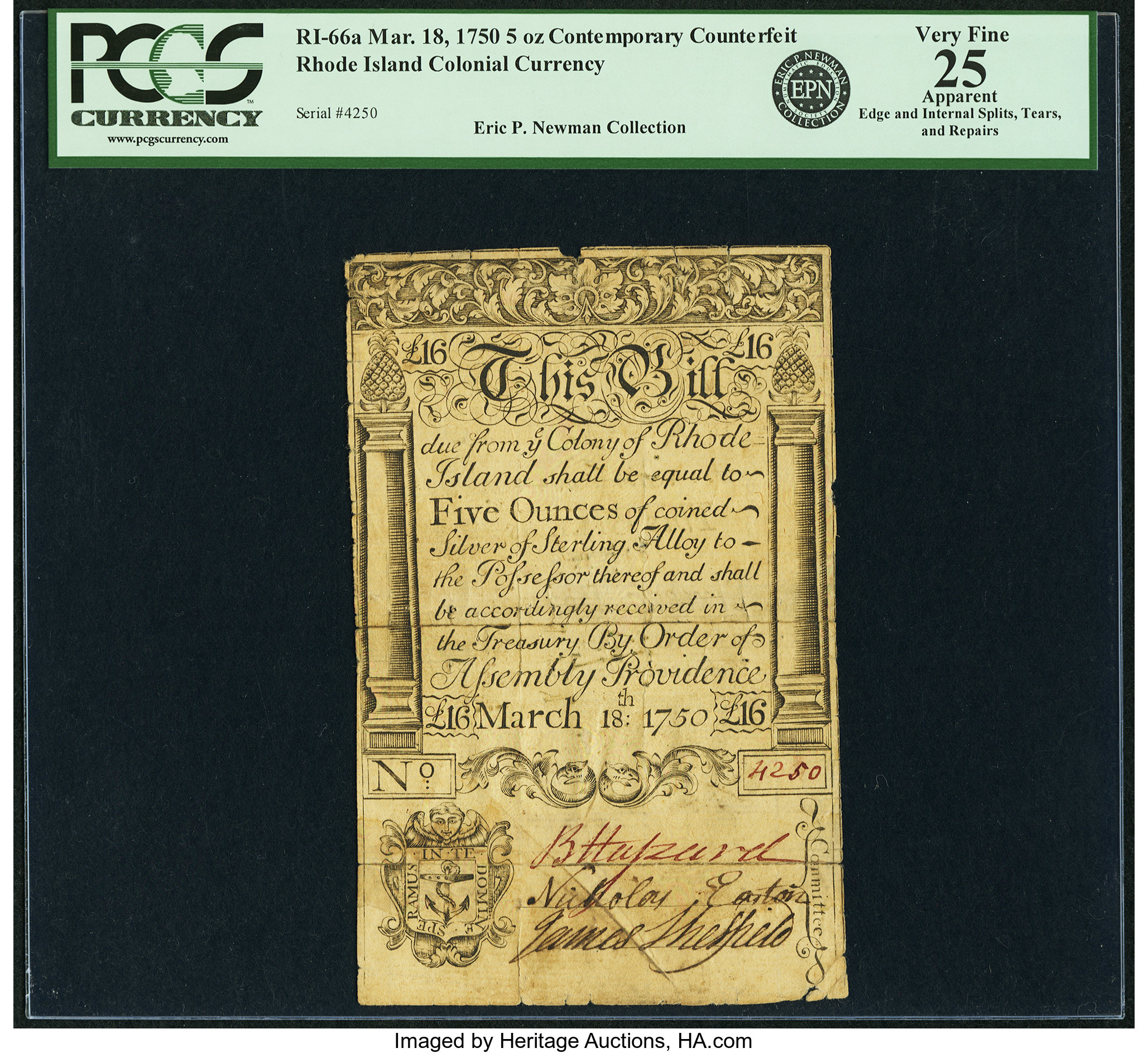 image for: Rhode Island March 18, 1750 5 Ounces (16 Pounds Old Tenor) Contemporary Counterfeit Fr. RI-66a. PCGS Very Fine 25 Apparent....