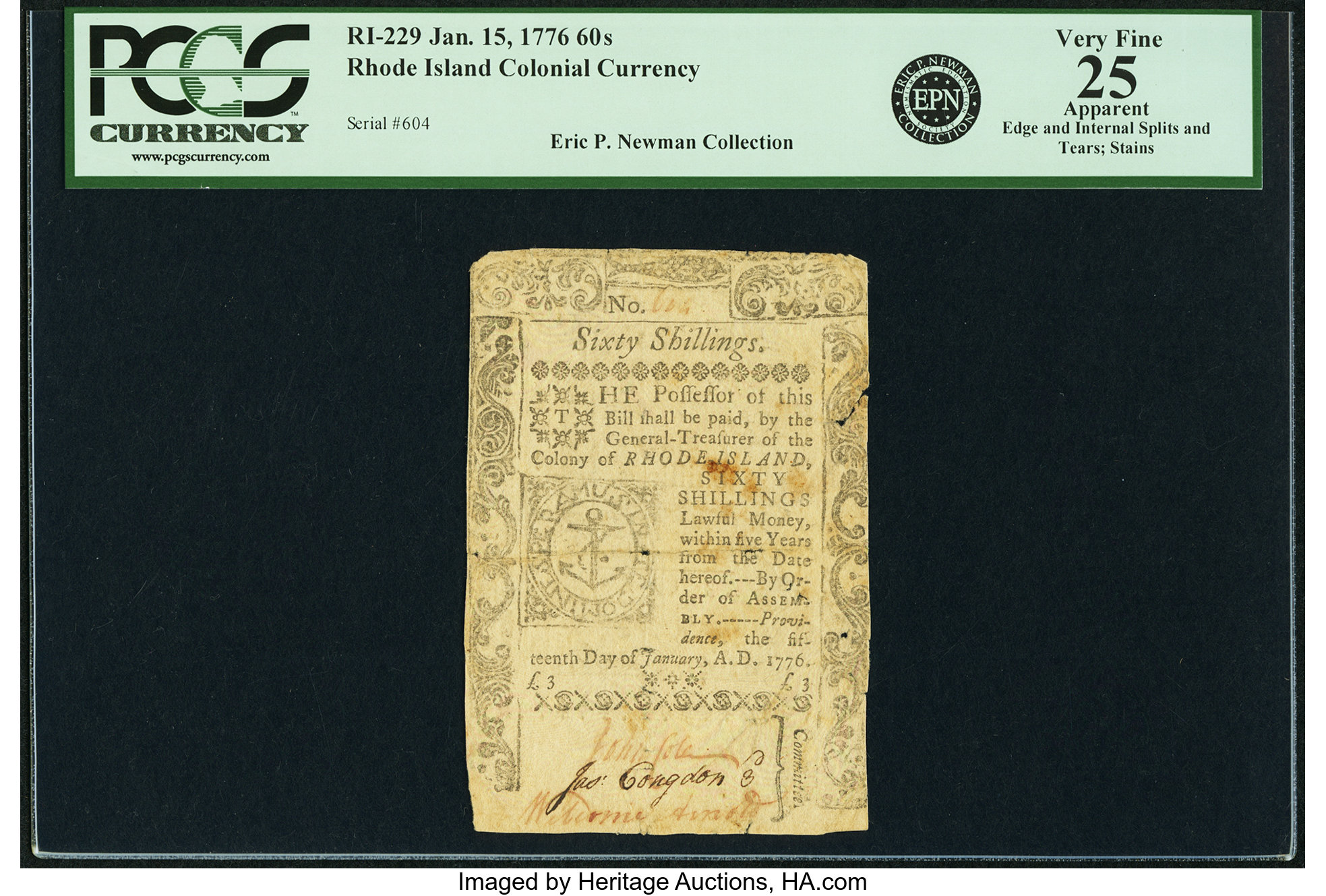 image for: Rhode Island January 15, 1776 60 Shillings Fr. RI-229. PCGS Very Fine 25 Apparent....