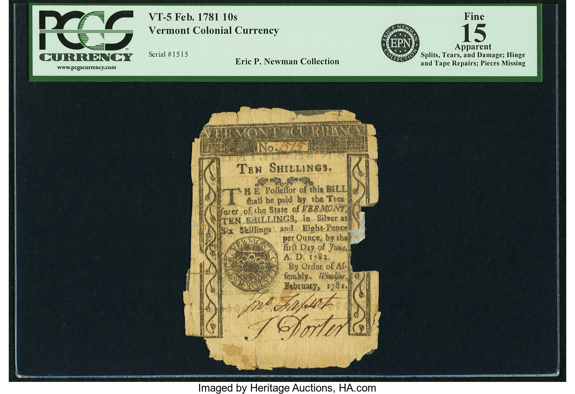 image for: State of Vermont 1781 10 Shillings Fr. VT-5. PCGS Fine 15 Apparent....