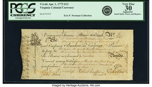 image for: Virginia April 1, 1773 12 Pounds James River Bank Form Fr. VA-66. PCGS Very Fine 30 Apparent....