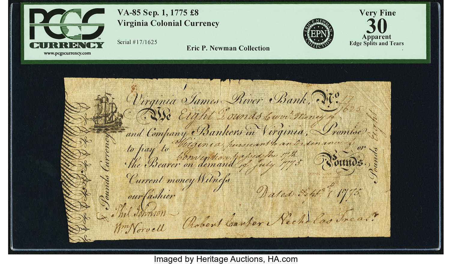 image for: Virginia September 1, 1775 8 Pounds James River Bank Form Fr. VA-85. PCGS Very Fine 30 Apparent....