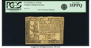 image for: Virginia May 4, 1778 Handwritten Date $6 Fr. VA-138. PCGS Very Fine 35PPQ....
