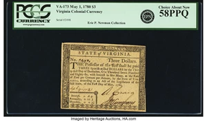 image for: State of Virginia May 1, 1780 $3 Fr. VA-173. PCGS Choice About New 58PPQ....