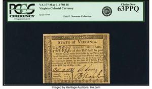 image for: State of Virginia May 1, 1780 $8 Fr. VA-177. PCGS Choice New 63PPQ....