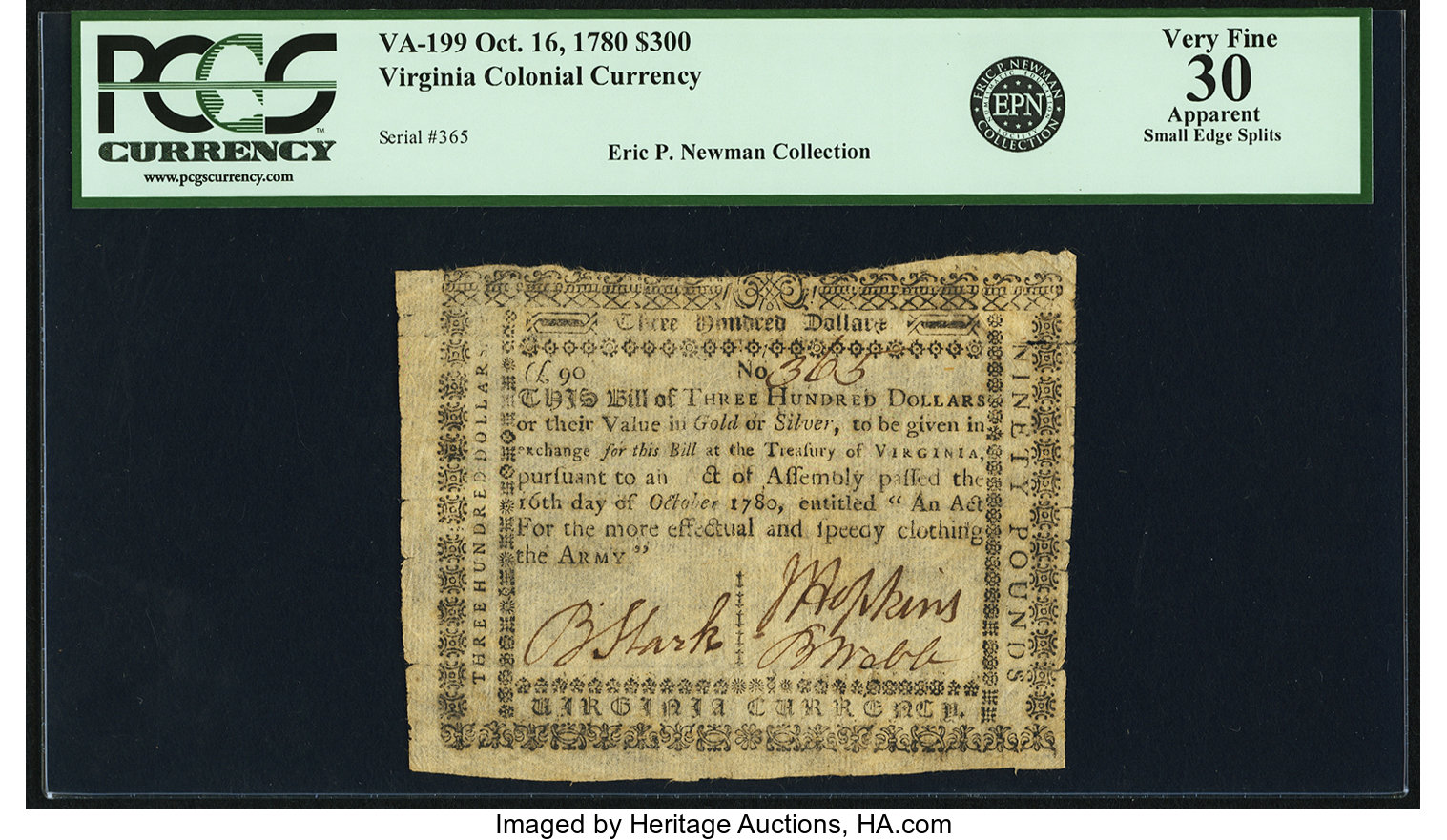 image for: Virginia October 16, 1780 $300 "clothing the Army" Fr. VA-199. PCGS Very Fine 30 Apparent....