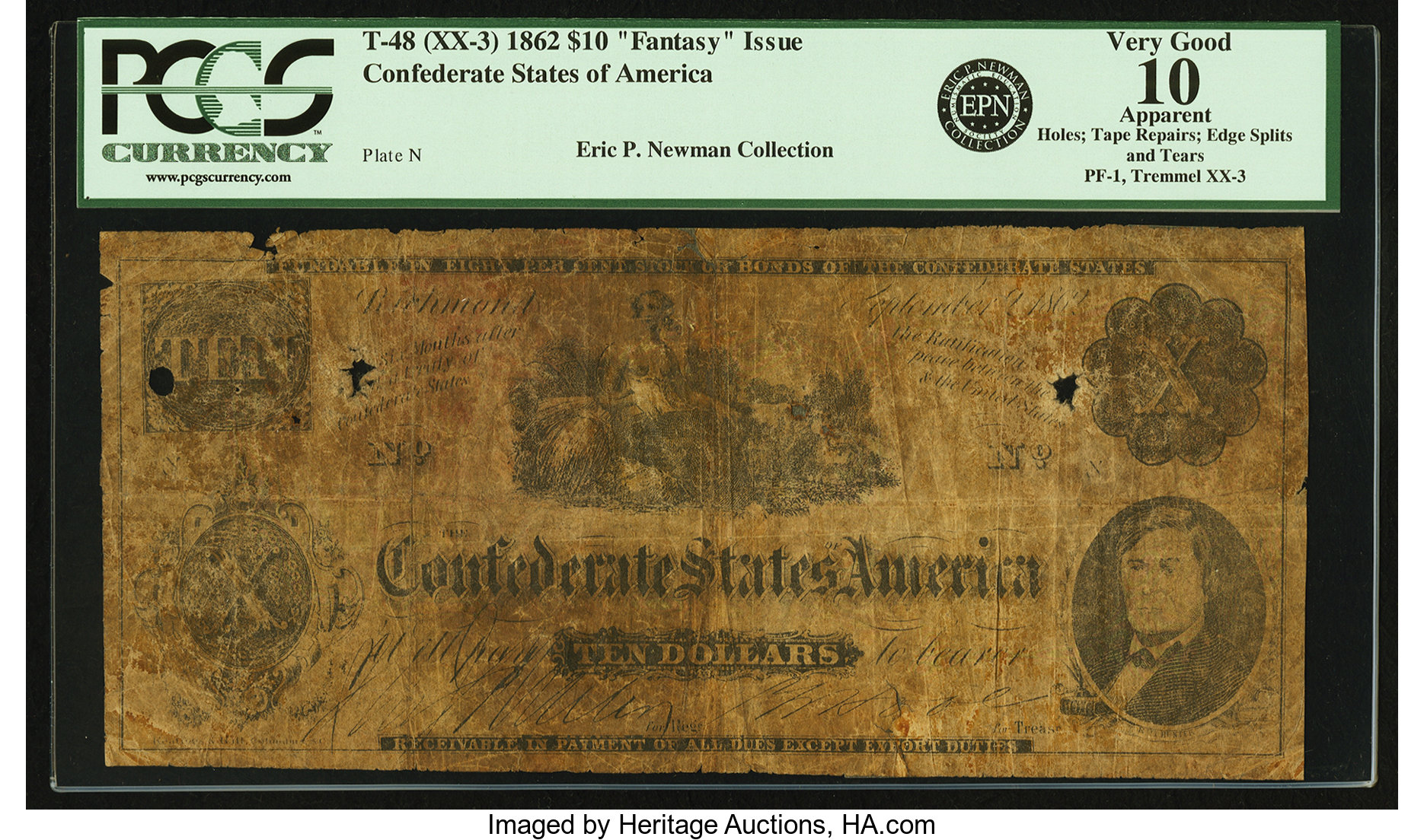 image for: Confederate States of America - T48 $10 1862 "Fantasy or Essay" Issue Tremmel XX-3, PF-1. PCGS Very Good 10 Apparent....